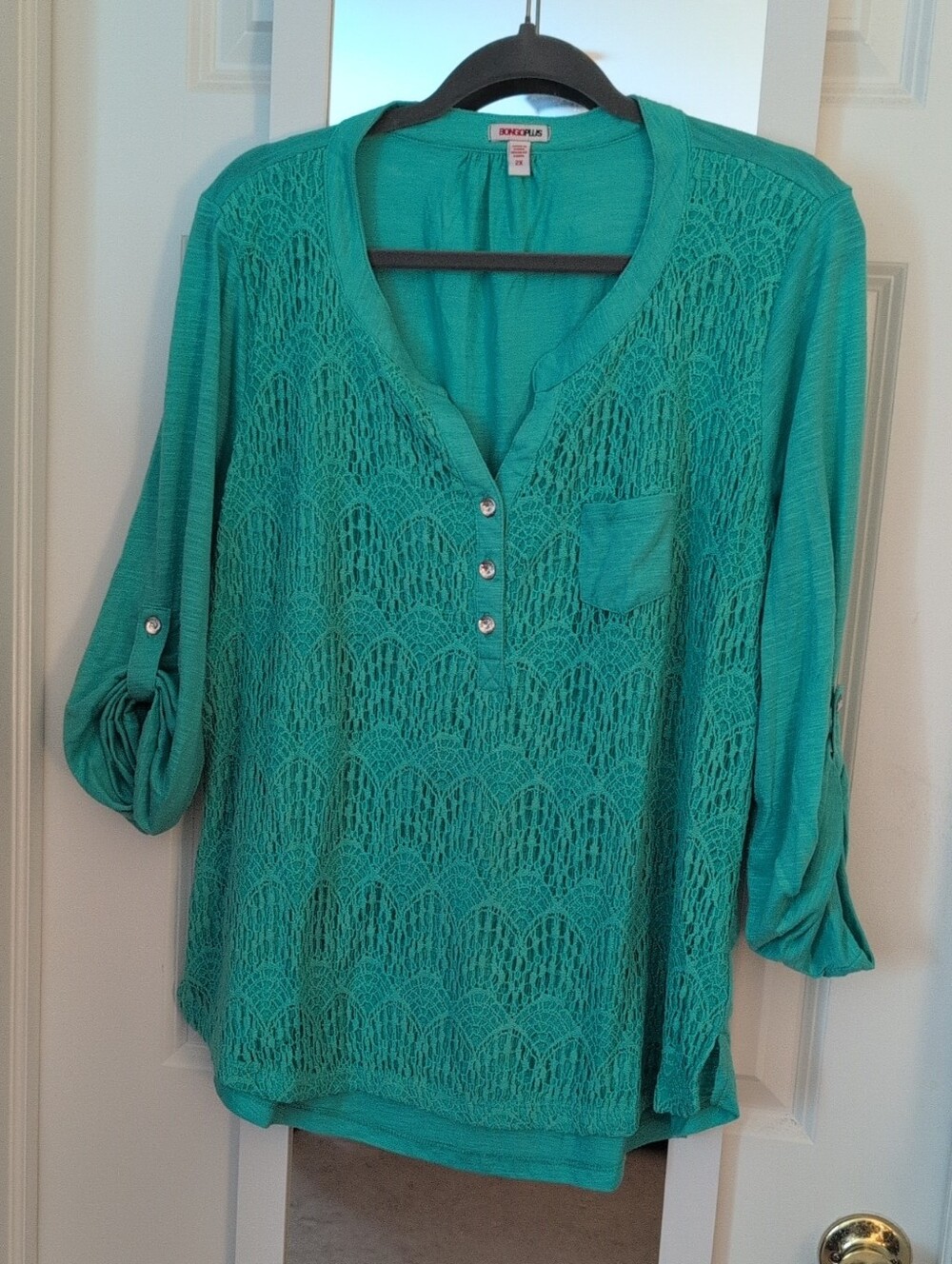 BONGO Teal Crochet-Front Henley Tunic